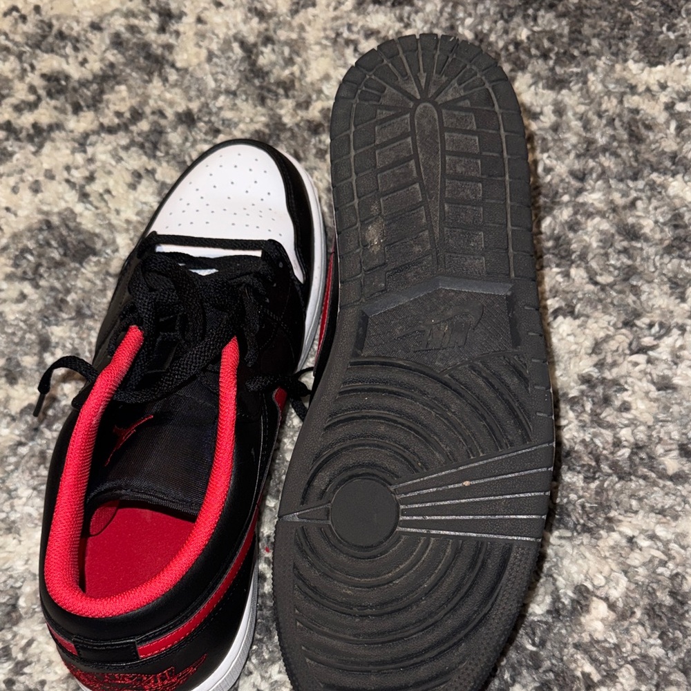 Nike Men's Black, Red, and White Air Jordan 1 Low Sneakers - Picture 6 of 7